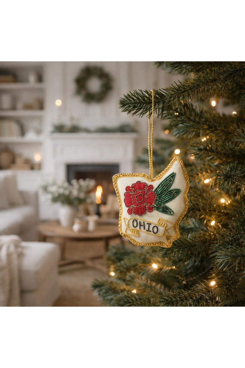 Ohio State Carnation Beaded Fabric Ornament - Embroidered, Alternate, color, Cream