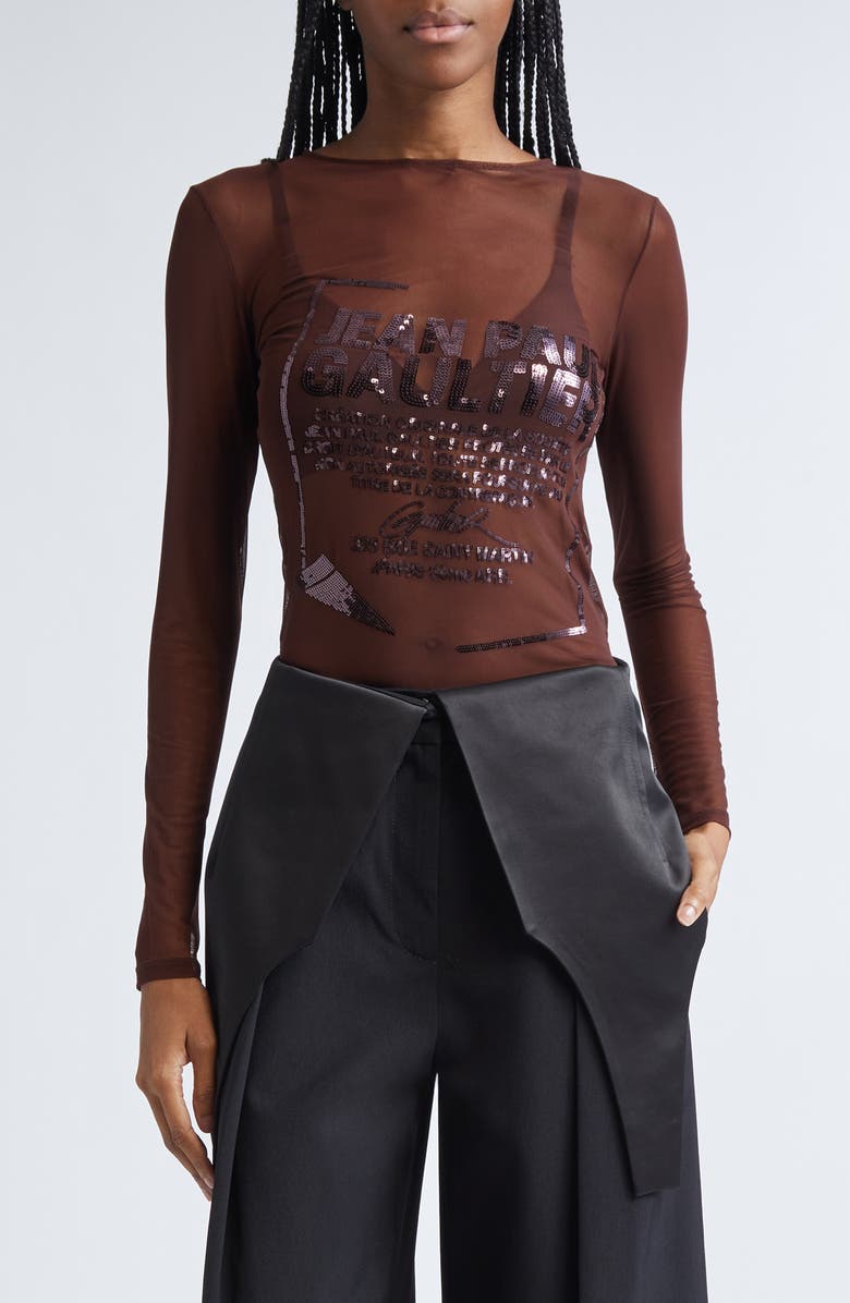 Jean Paul Gaultier Sequin Embellished Long Sleeve Mesh Top, Main, color, Burgundy