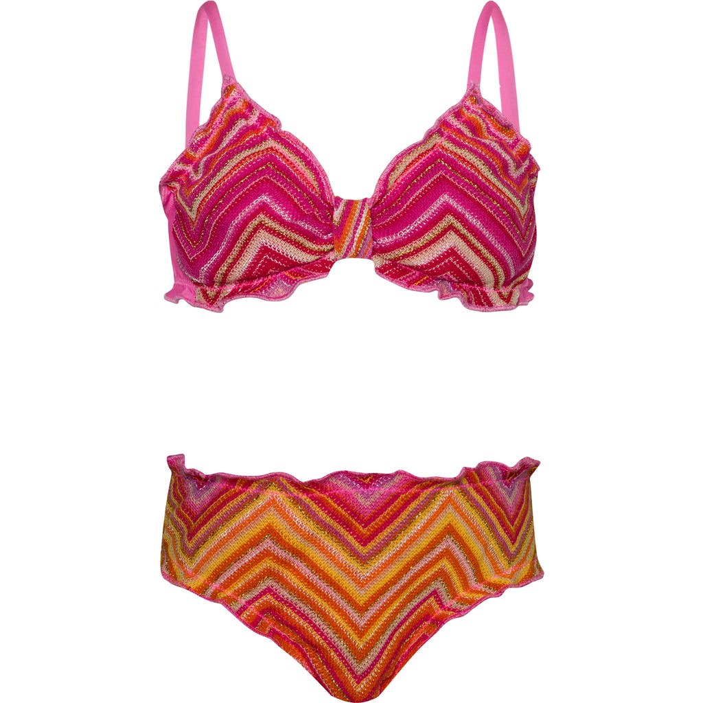 PQ SWIM Kids' Lettuce Edge Two-Piece Swimsuit in Cayenne at Nordstrom, Size 8