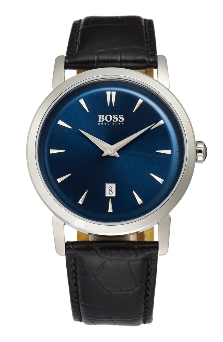 BOSS HUGO BOSS Round Leather Strap Watch, 40mm, Main, color, 