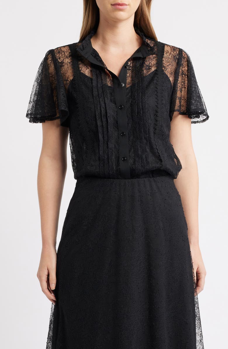 Anne Klein Lace Flutter Sleeve Button-Up Shirt, Main, color, Asphalt