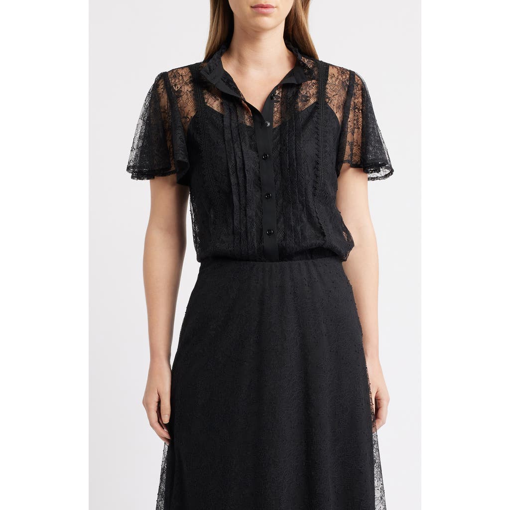 Anne Klein Lace Flutter Sleeve Button-up Shirt In Black