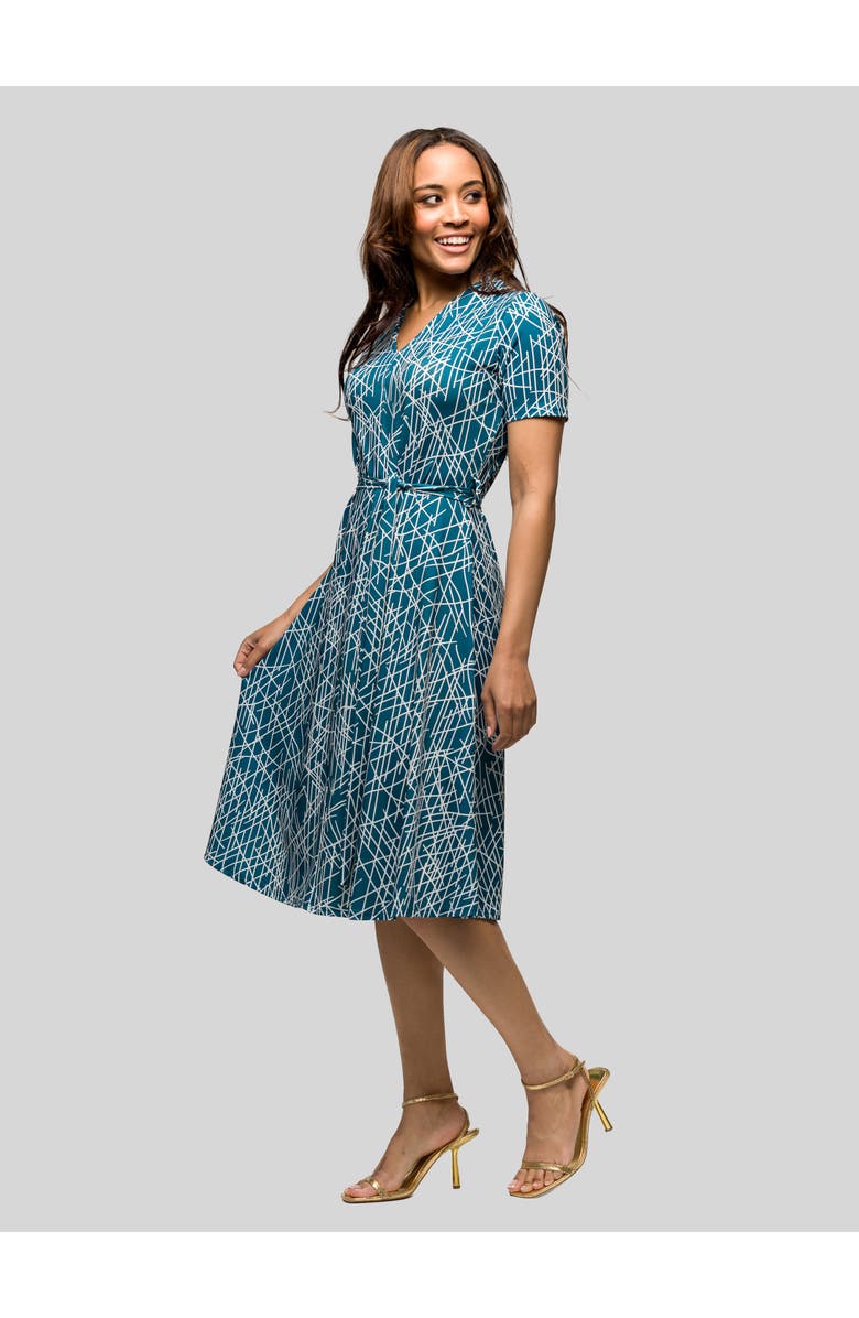 24seven Comfort Apparel Teal Print Short Sleeve Tie Waist Midi Dress, Alternate, color,