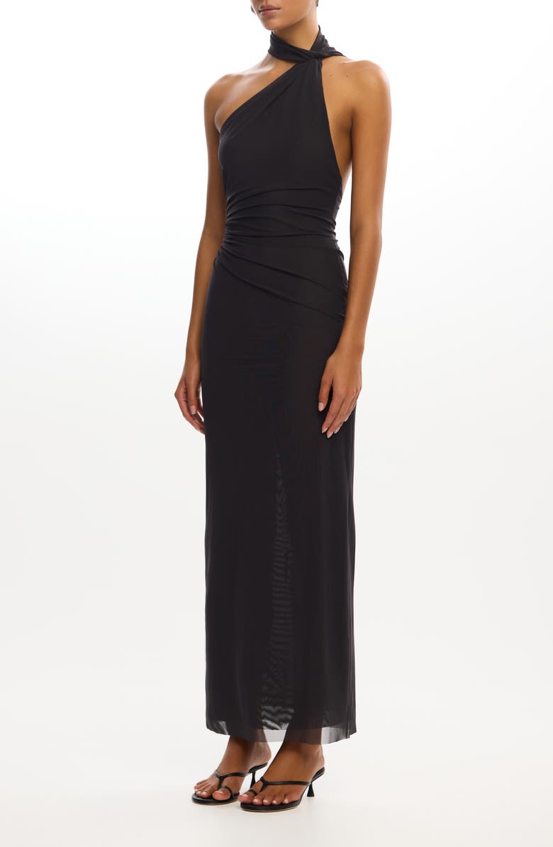 Significant Other Avni Asymmetric Halter Neck Mesh Gown, Alternate, color, Charcoal