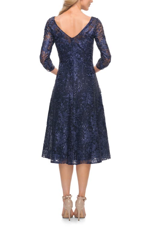 La Femme Beautiful Lace Tea Length Gown With Three-quarter Sleeves In Navy