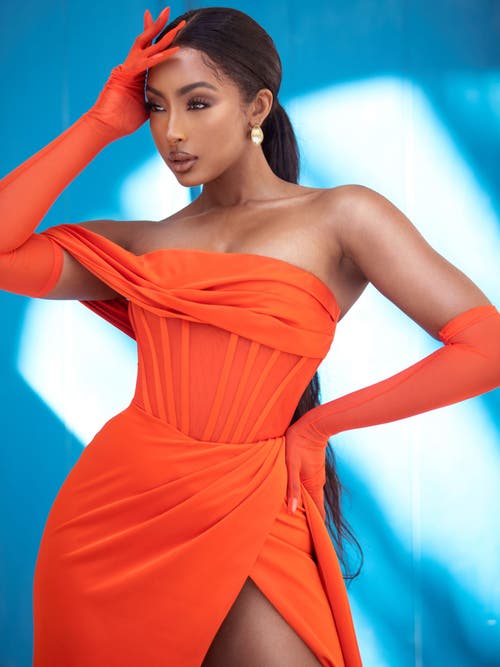 Miss Circle Rebecca High Slit Corset Evening Gown In Orange