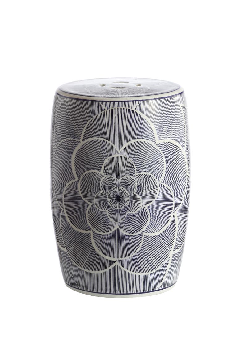 Camellia Traditional Floral Chinoiserie Ceramic Drum Garden Stool, Pierced Indoor/Outdoor Patio Seat & Side Table, Main, color, Blue