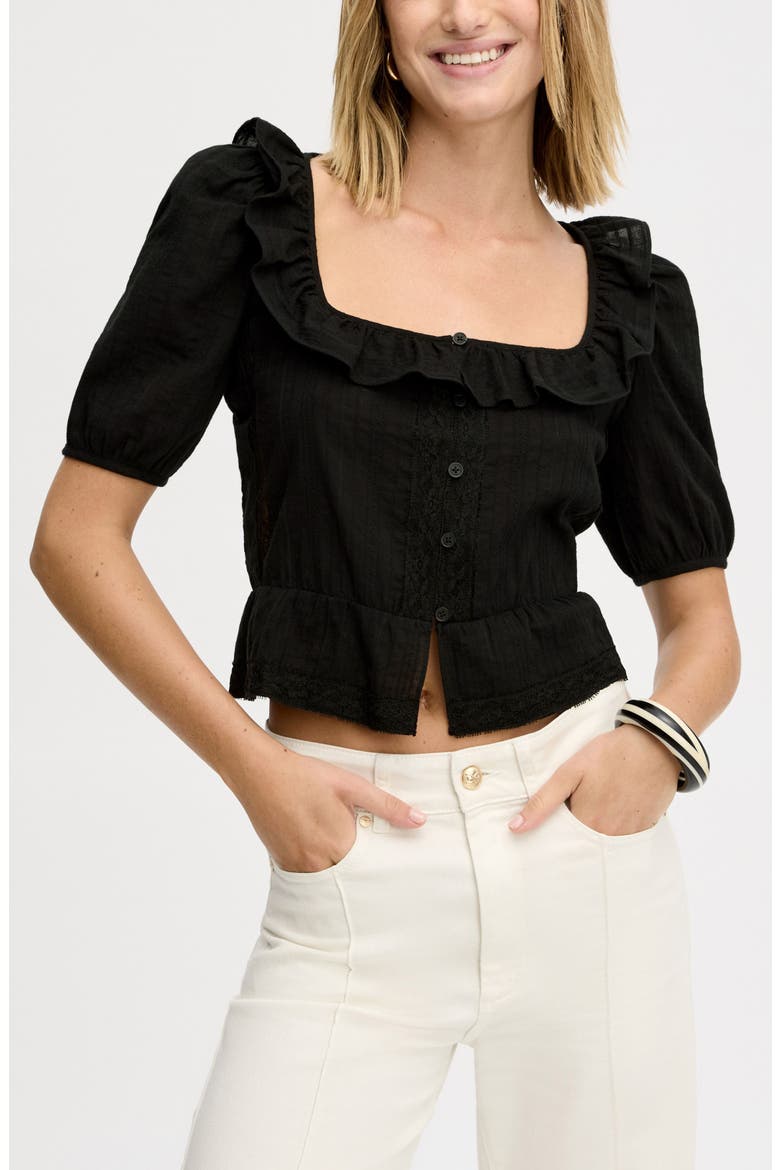 Peasant Peplum Cotton Button-Up Top, Main, color, TRUE BLACK