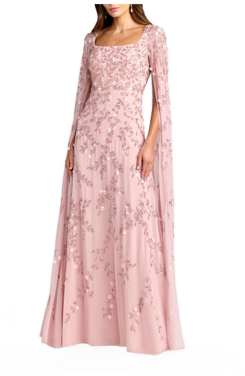 Mac Duggal Beaded Georgette Square Neck Cape Sleeve Gown, Main, color, Rose