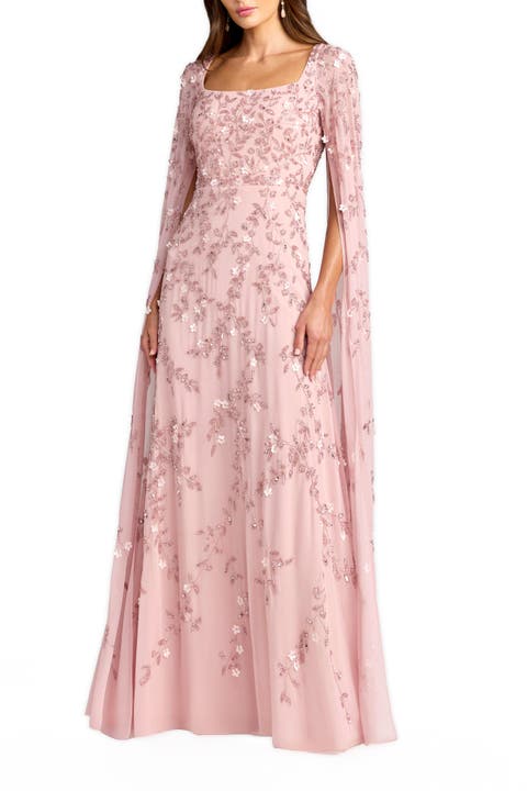 Beaded Georgette Square Neck Cape Sleeve Gown