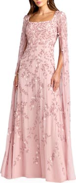 Mac Duggal Beaded Georgette Square Neck Cape Sleeve Gown
