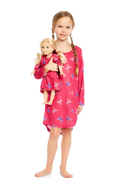 Girls Long Sleeve Nightgown with Matching Doll Nightgown, Printed Design