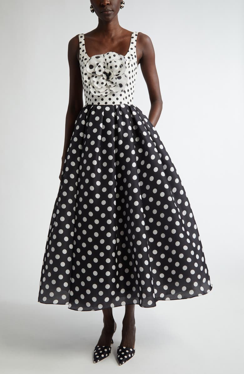 Carolina Herrera Rosette Polka Dot Fit
Flare Silk Midi Dress, Main, color,
