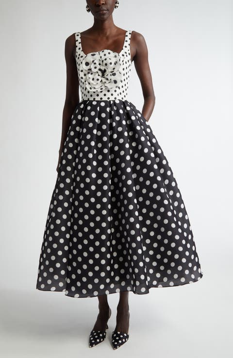 Rosette Polka Dot Fit & Flare Silk Midi Dress