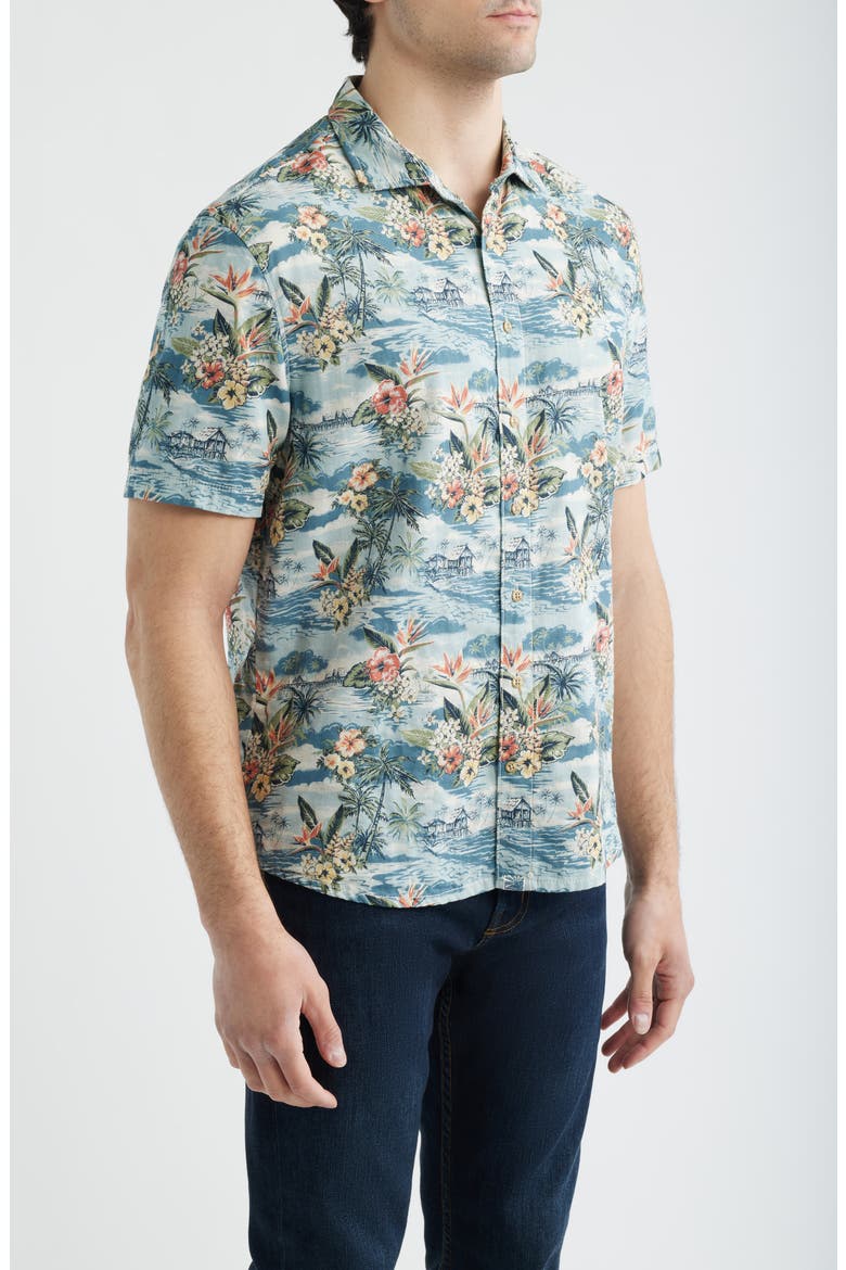 Almanzo Tropical Print Cotton Blend Sport Shirt, Alternate, color, LAGUNA BLUE