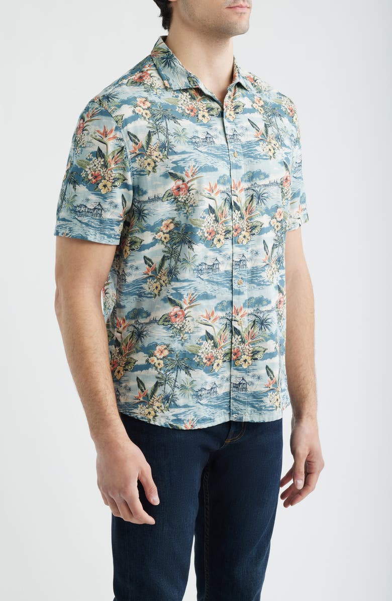 johnnie-O Almanzo Tropical Print Cotton Blend Sport Shirt, Alternate, color, Laguna Blue