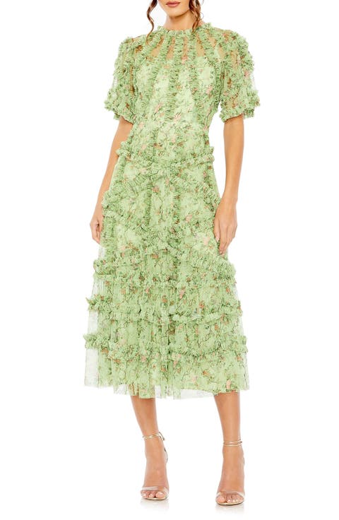 Floral Flutter Sleeve Mesh Print Dress