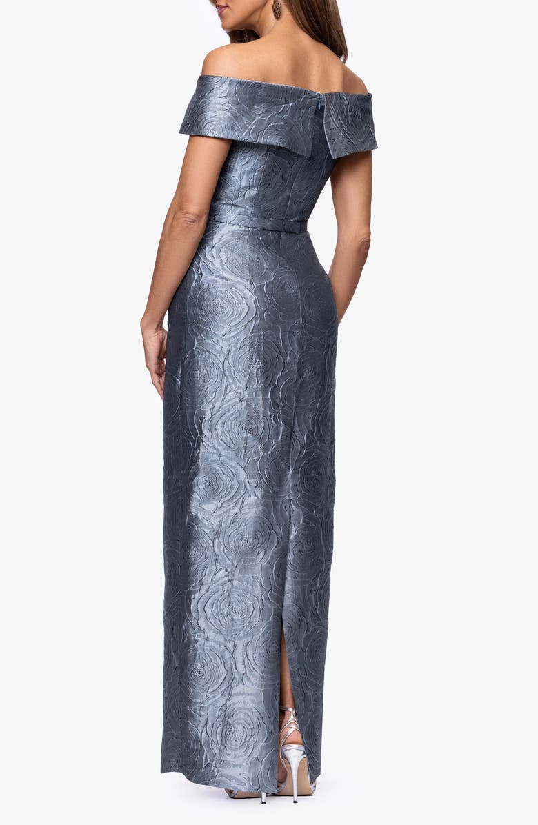 Xscape Evenings Metallic Jacquard Off the Shoulder Gown, Alternate, color, Slate