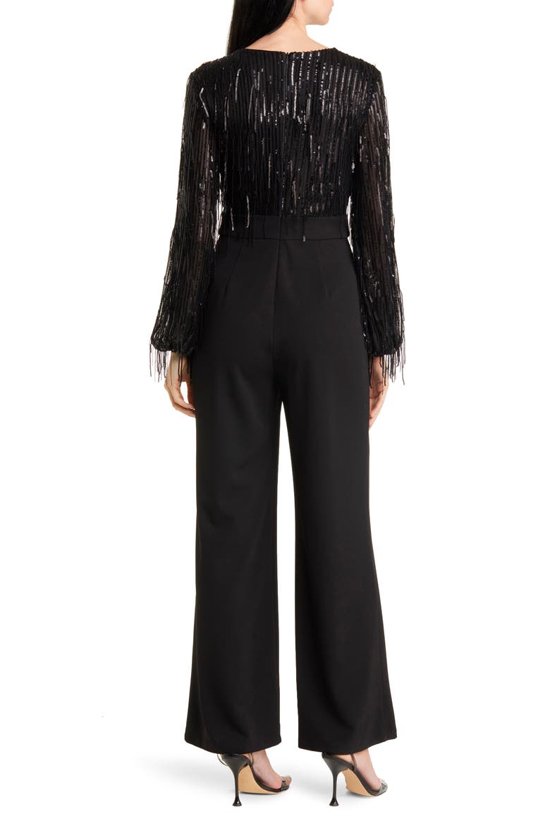 Sequin Fringe Long Sleeve Jumpsuit, Alternate, color, BLACK