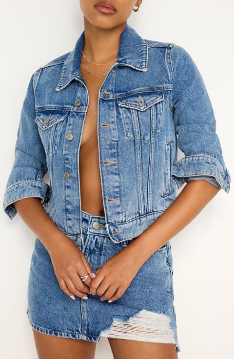 Shrunken Crop Denim Trucker Jacket (Indigo 682) (Plus)