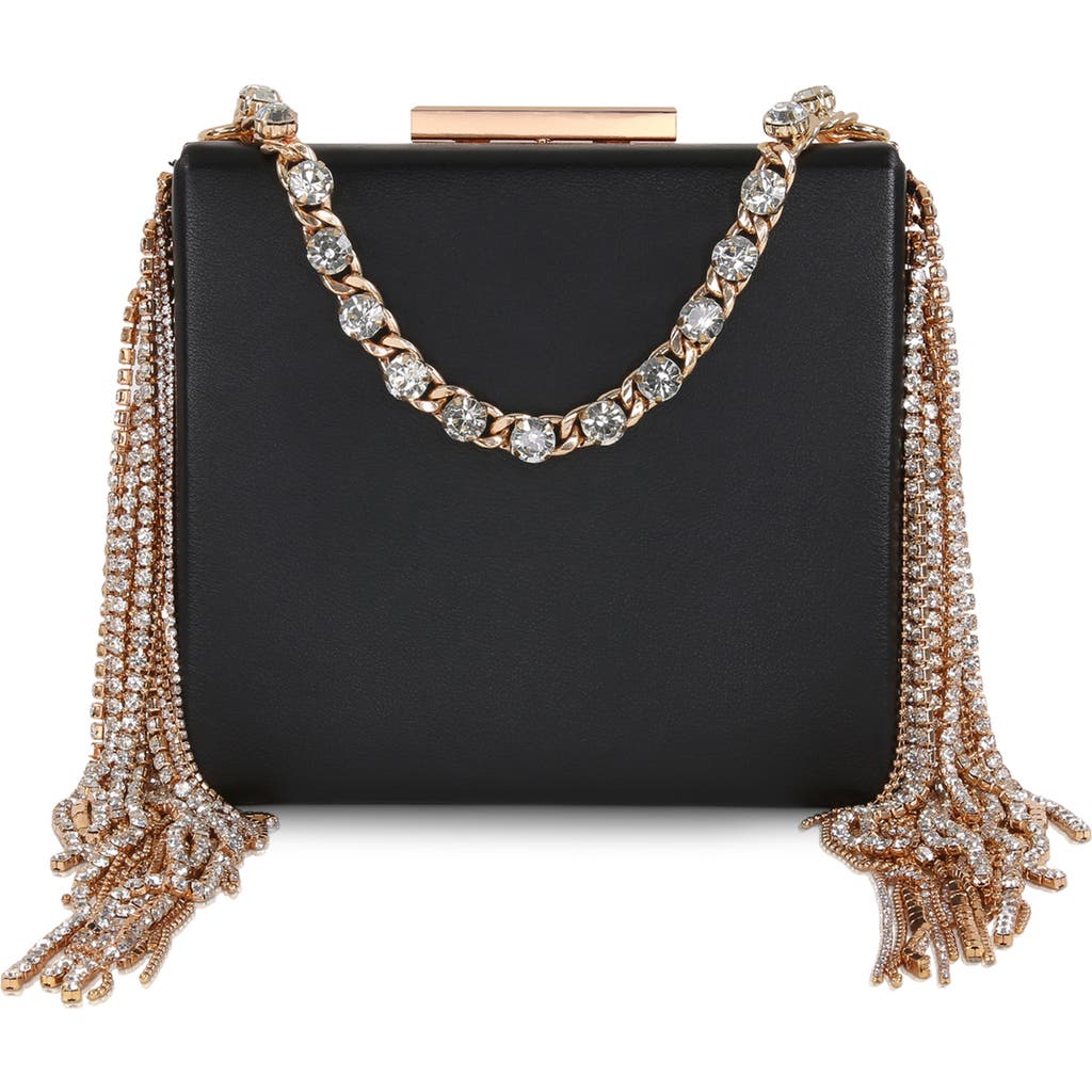 Jewel Badgley Mischka Ryker Leather Crystal Fringed Box Clutch In Black