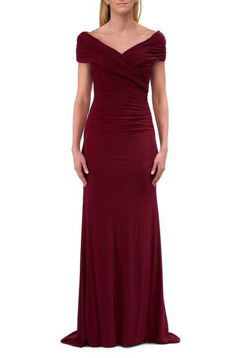 Off the Shoulder Ruched Net Jersey Evening Dress