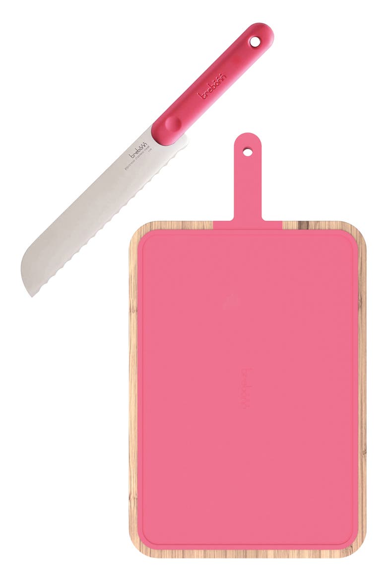 Bamboo Chopping Board with Serrated Bread Knife, Main, color, PINK