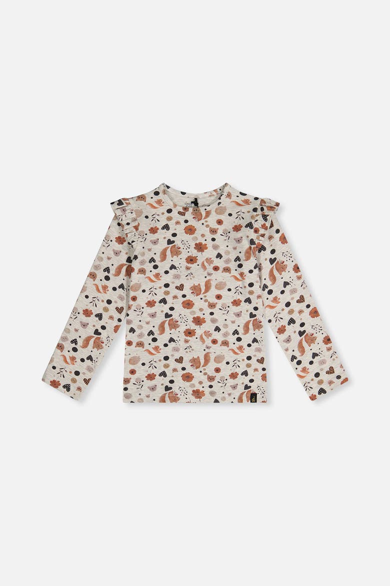 Organic Cotton Squirrel Ruffle Shoulder Long Sleeve T-Shirt, Main, color, Beige with Squirrel Print