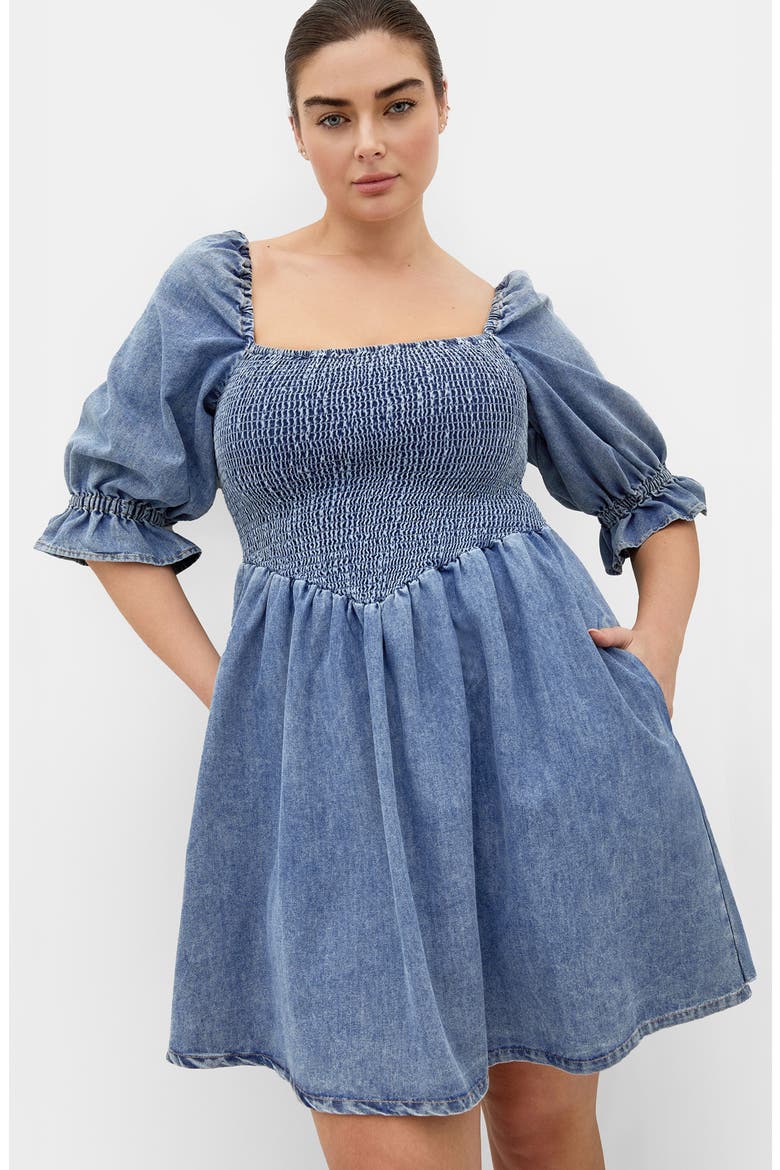 Kaitlyn Smocked Denim Minidress, Alternate, color, LIGHT WASH