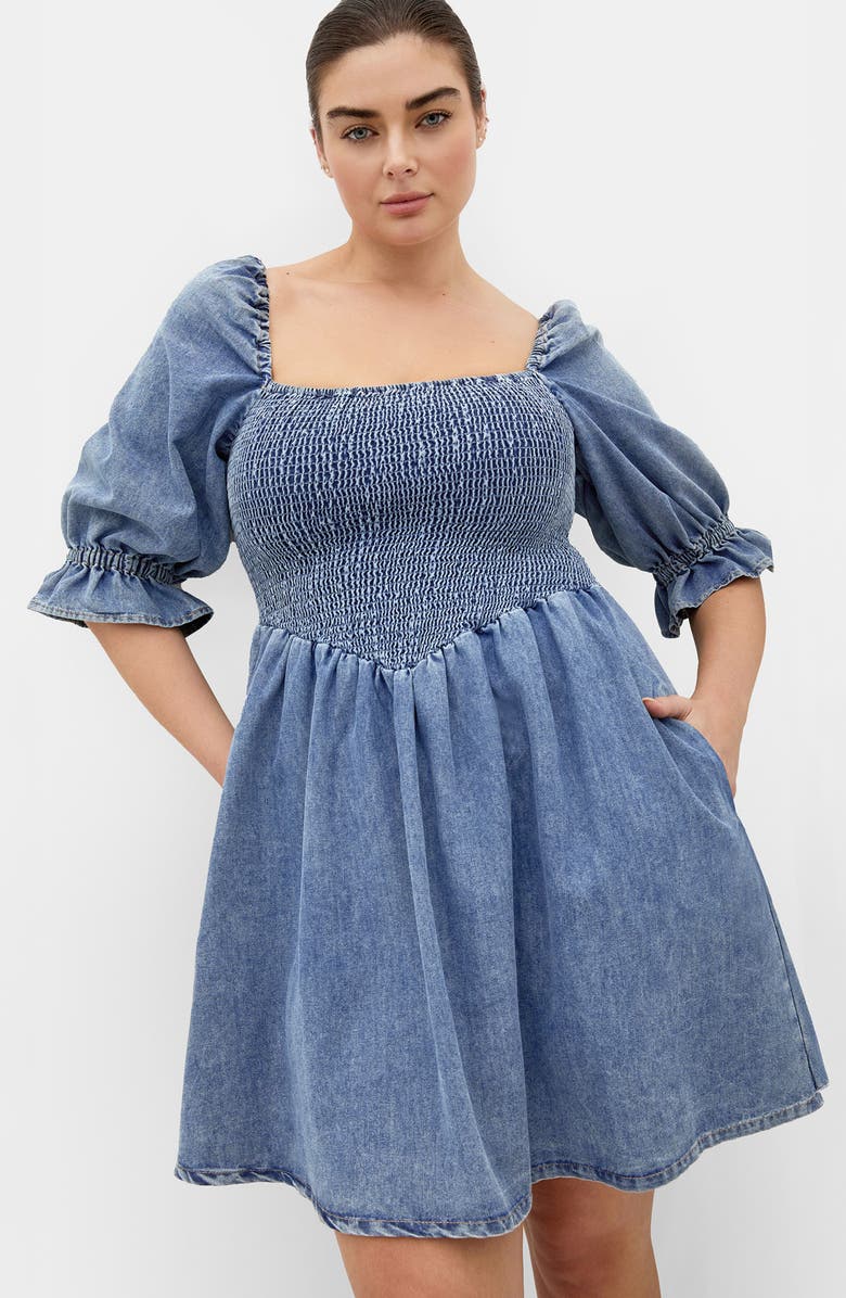 City Chic Kaitlyn Smocked Denim Minidress, Alternate, color, Light Wash