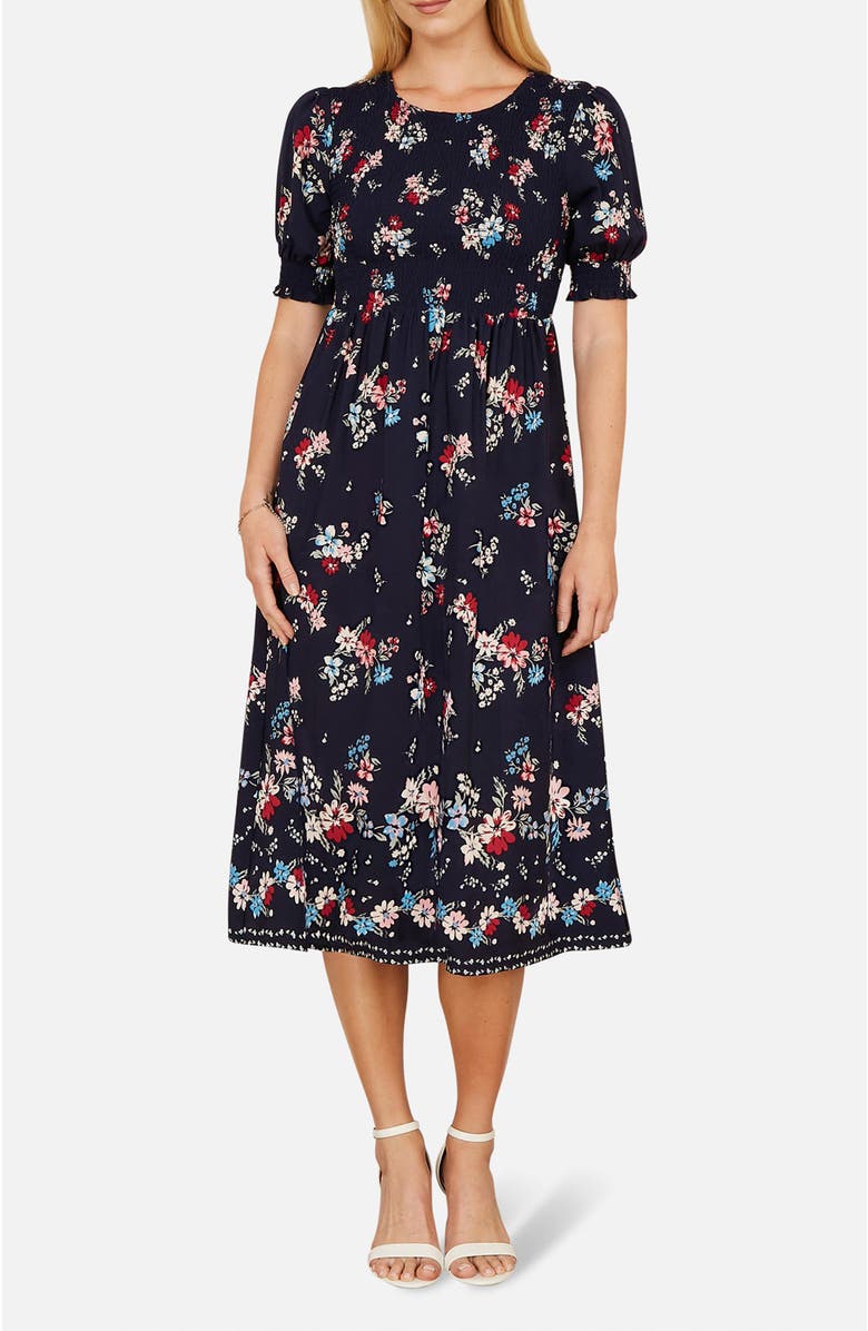 Yumi Smocked Bodice Floral Ruched Midi Dress, Alternate, color, Navy