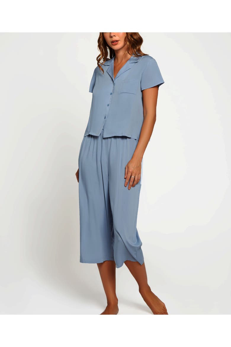 Short Sleeve Shirt & Wide-Leg Pants Pajama Set, Main, color, Blue