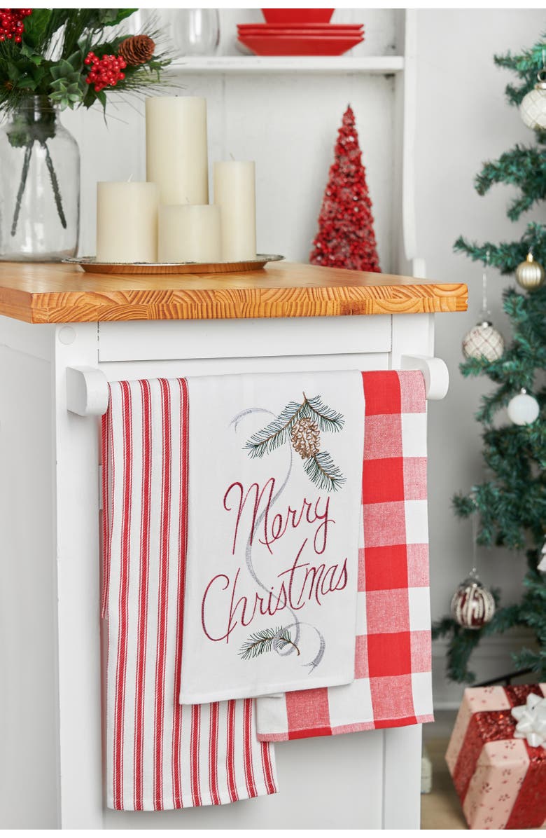C&F Home "Merry Christmas" Sentiment with Pinecone Flour Sack Kitchen Towel Decor Decoration 27L x 18W in., Alternate, color, White