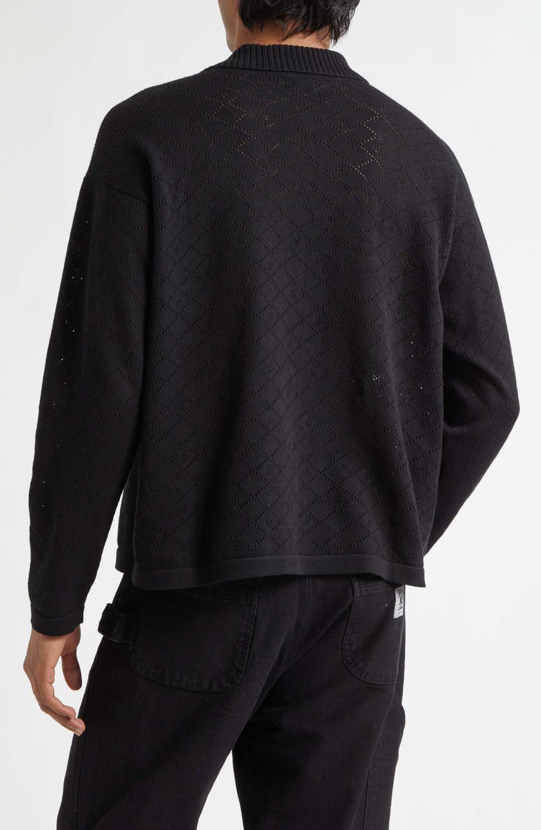 Bode Anisette Floral Pointelle Stitch Cotton Polo Sweater, Alternate, color, Black