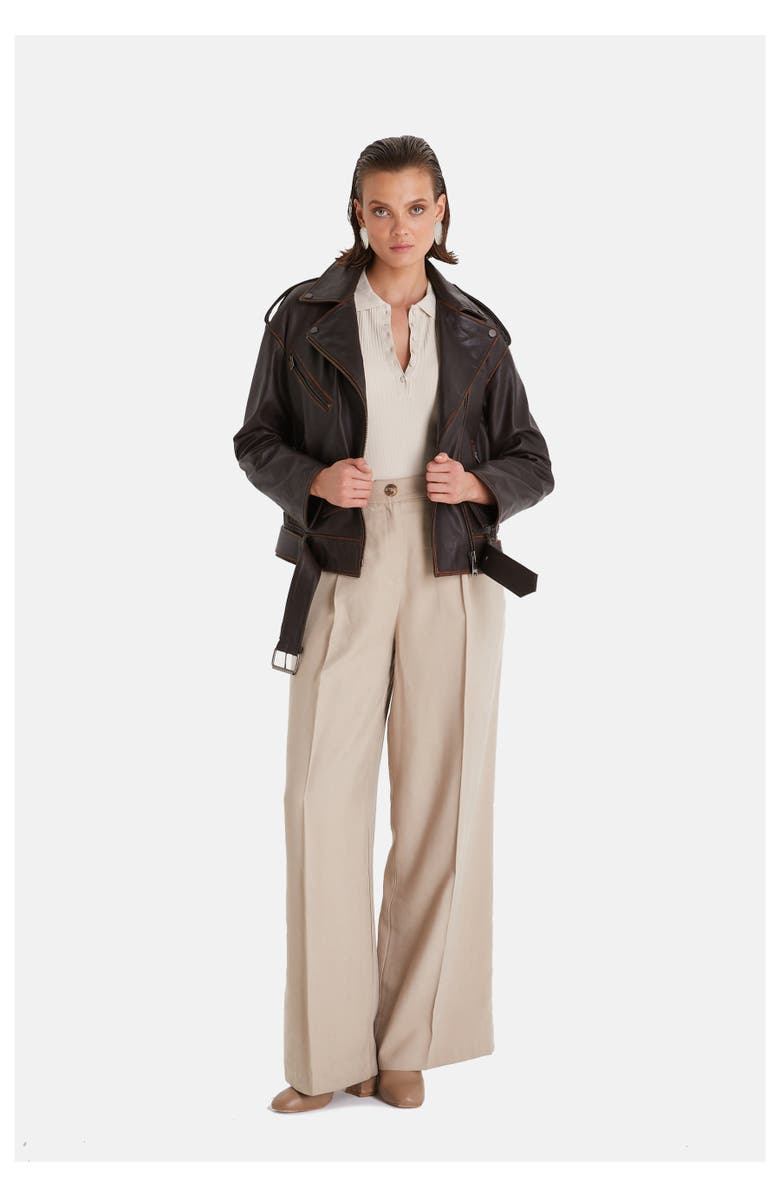 Furniq UK Alexandra Leather Jacket, Alternate, color, Brown