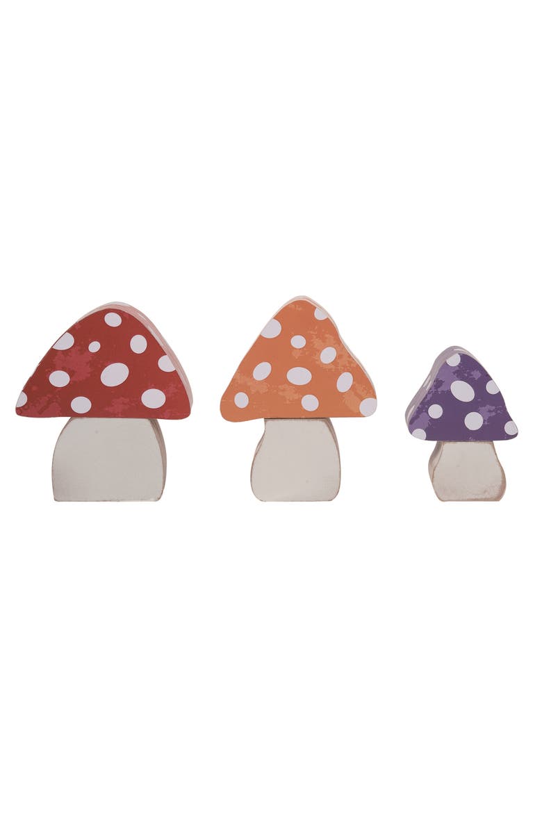 6.69 Inch Multicolor Spring Chunky Mushroom Block Decor Set of 3 Wooden Decorative Objects for Spring, Main, color, Multicolored