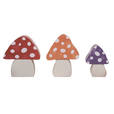 6.69 Inch Multicolor Spring Chunky Mushroom Block Decor Set of 3 Wooden Decorative Objects for Spring