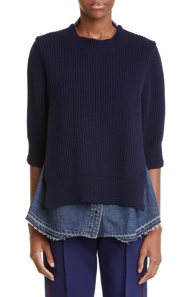 Sacai Mixed Media Wool & Denim Sweater, Main, color,