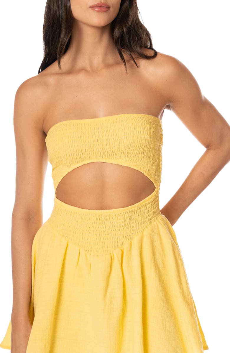 Maaji Sunbeam Glow Seraphina Cutout Strapless Cotton Mini Cover-Up Sundress, Alternate, color, Light/ Pastel Yellow