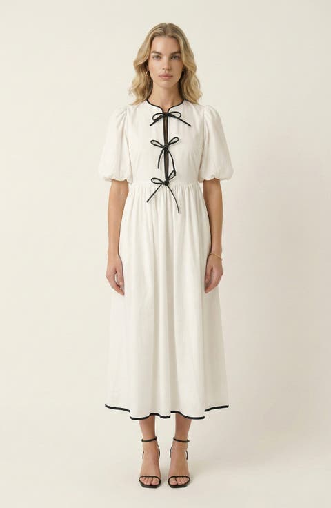 Puff Sleeve Midi Dress with Tiered Front Ties and Contrast Trim