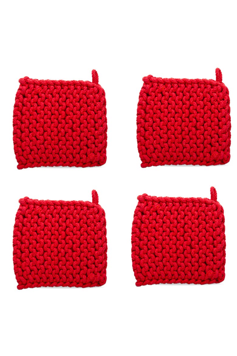 Red Crocheted Cotton Trivet Potholder Set of Four Heat Resistant, Main, color, Red