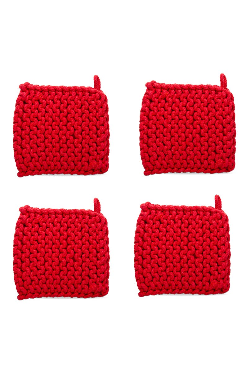 tag Red Crocheted Cotton Trivet Potholder Set of Four Heat Resistant, Main, color, Red