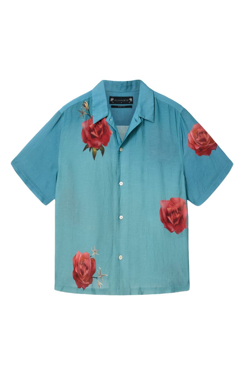 AllSaints Fazed Floral Button-Up Camp Shirt, Alternate, color, Anker Blue