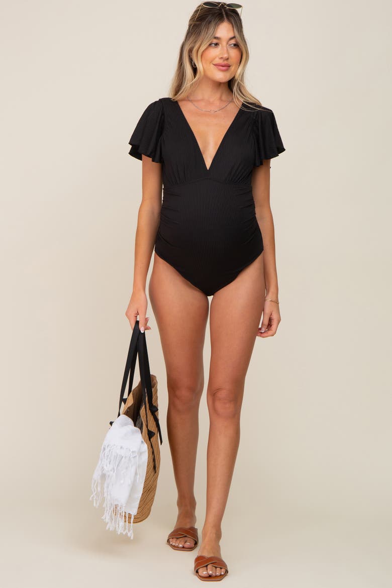 Deep V-Neck Flounce One Piece Swimsuit, Alternate, color, Black