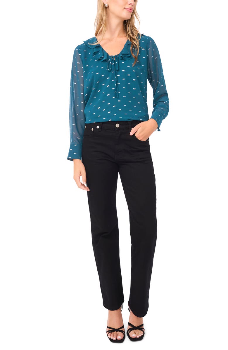 Vince Camuto Long Sleeve V-Neck Ruffle Top, Alternate, color, Deep Teal