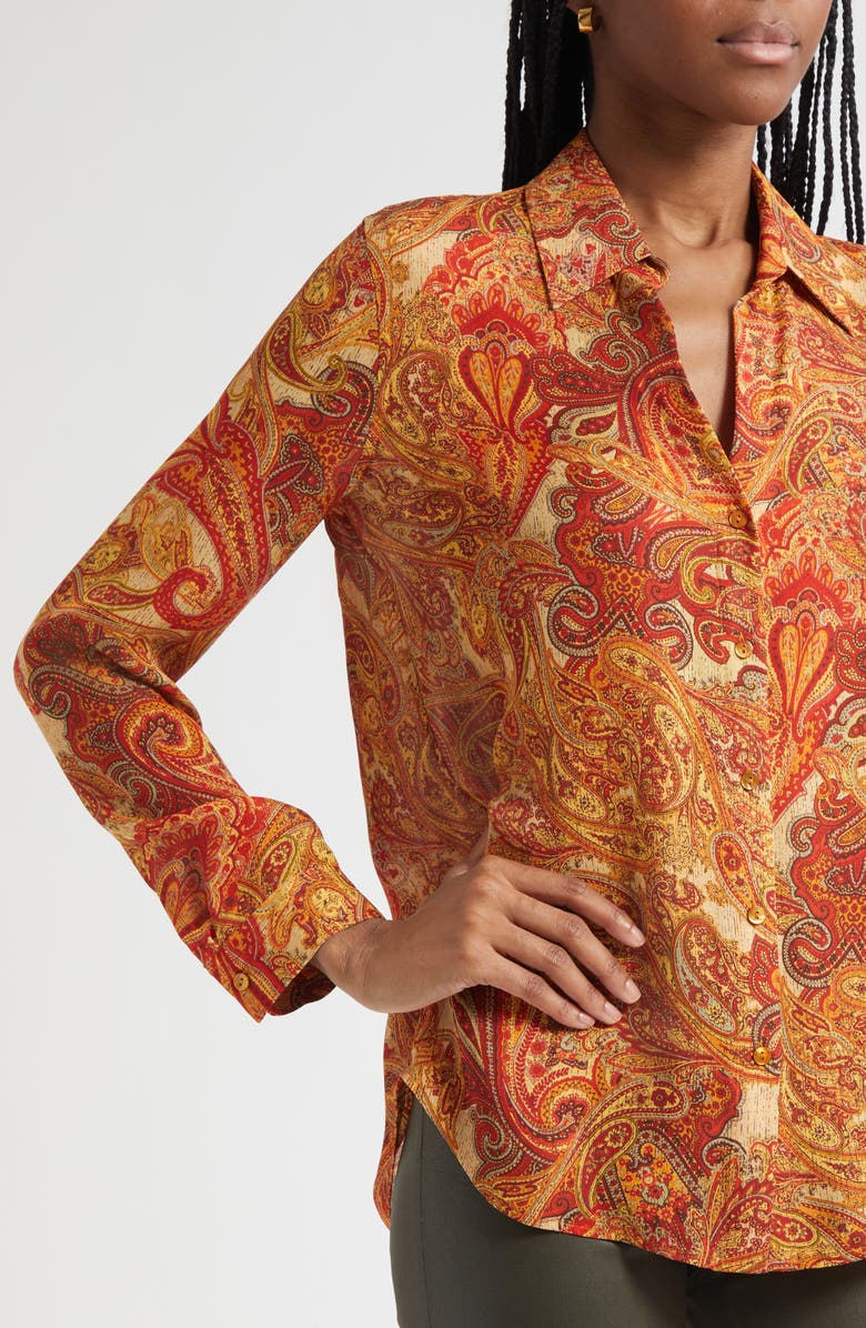L'AGENCE Nina Paisley Print Silk Button-Up Shirt, Alternate, color, Golden Ochre Twill Paisley