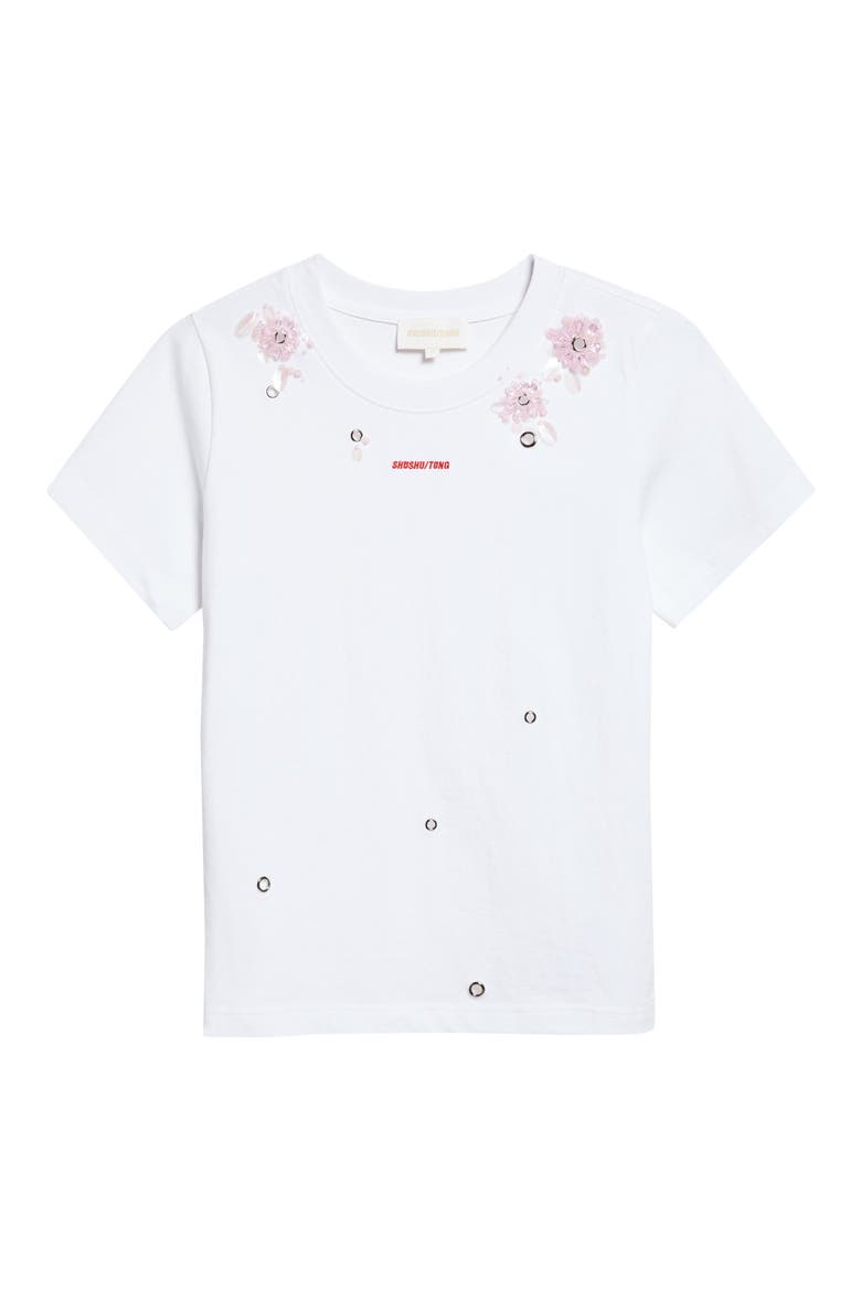 Beaded Floral Grommet Logo T-Shirt, Alternate, color, WHITE/ PINK