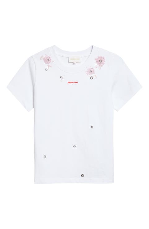 Beaded Floral Grommet Logo T-Shirt