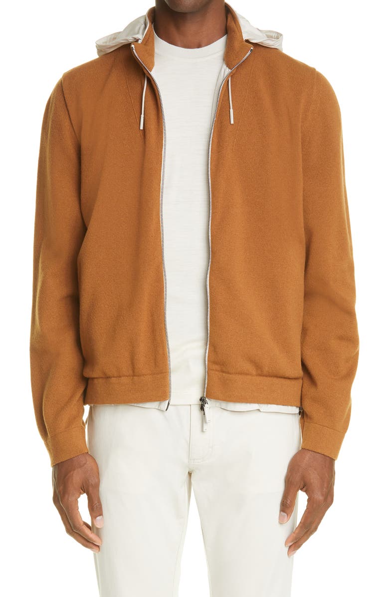 ZEGNA Cashmere Zip Front Hooded Cardigan, Main, color,