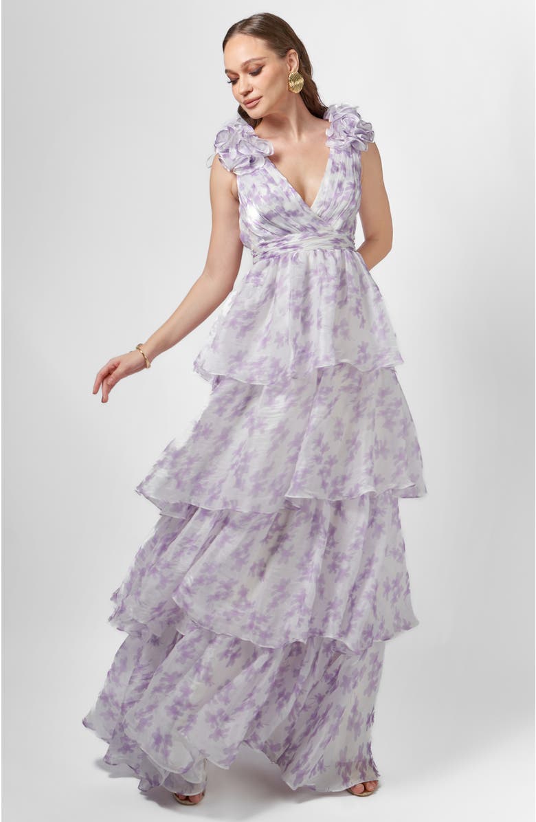 Bariano Violeta Tiered Print Gown, Alternate, color, Lilac Print